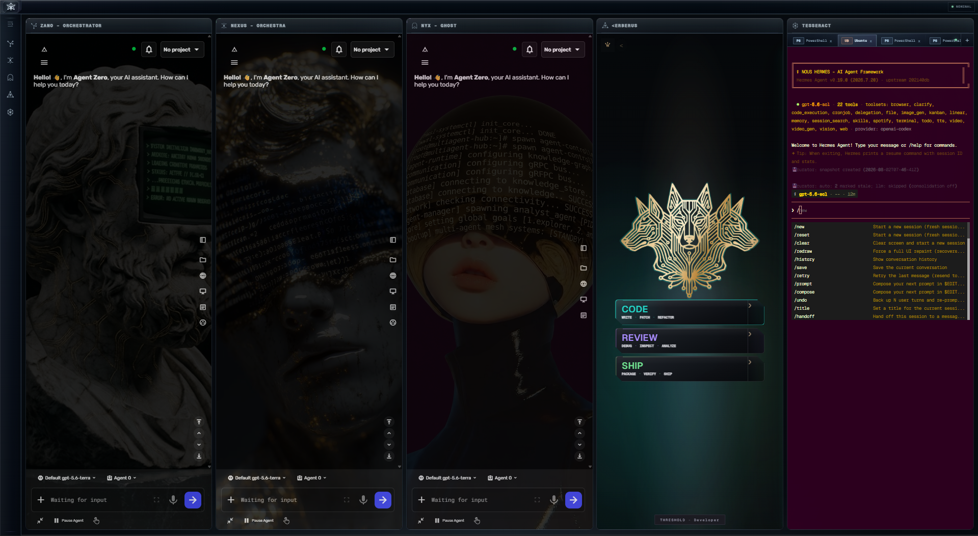 STARGAZER engineering posture with Erberus in Developer mode and Hermes agent in Tesseract